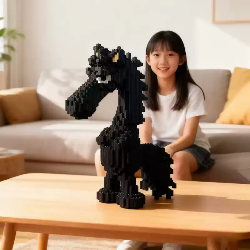 مكعبات بناء سنة الحصان ثلاثية الأبعاد لعبة ألغاز عالية الصعوبة، نموذج تجميع ذاتي الصنع تمثال حصان مصنوع يدويًا لديكور غرفة المعيشة