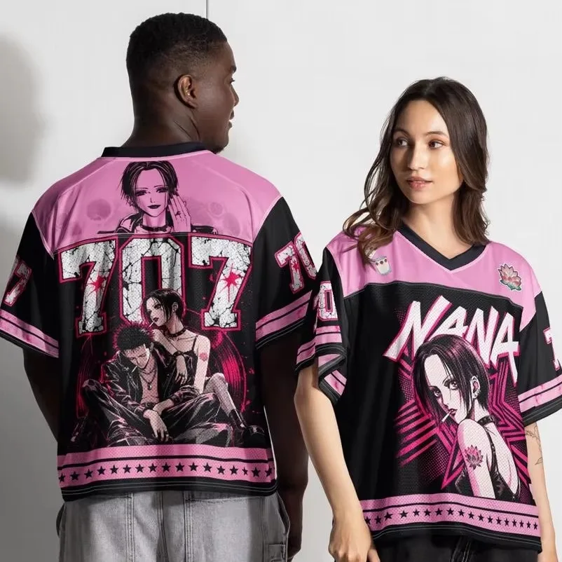 NANA Anime Printed V-neck Net Eye Clothes Y2K Punk Retro Loose Short Sleeve Street Sports Top Unisex