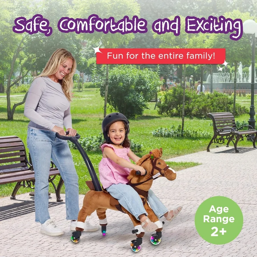 Passeio de brinquedo para 2 + crianças - Power Ponies Push Pull Kids Ride On Horse para crianças com alça removível controlada por pais