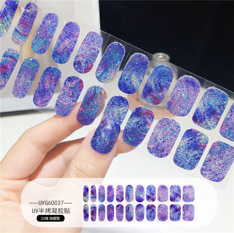 Fashion Glitter Nails Charm Stickers Semi Cured Gel Nail Stickers Wraps Gel Strips UV Lamp Need(Nail file, wooden stick)