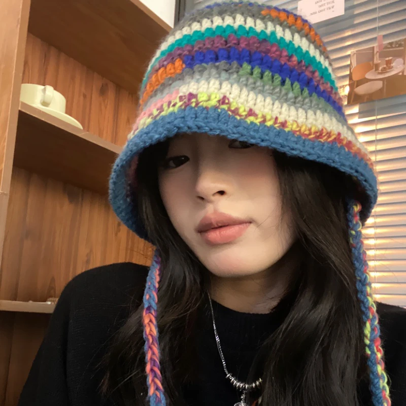 Japanese Handmade Crochet Colored Striped Knitted Lace Up Bucket Hats For Women Contrasting Colors Sweet Winter Basin Hat Gorras