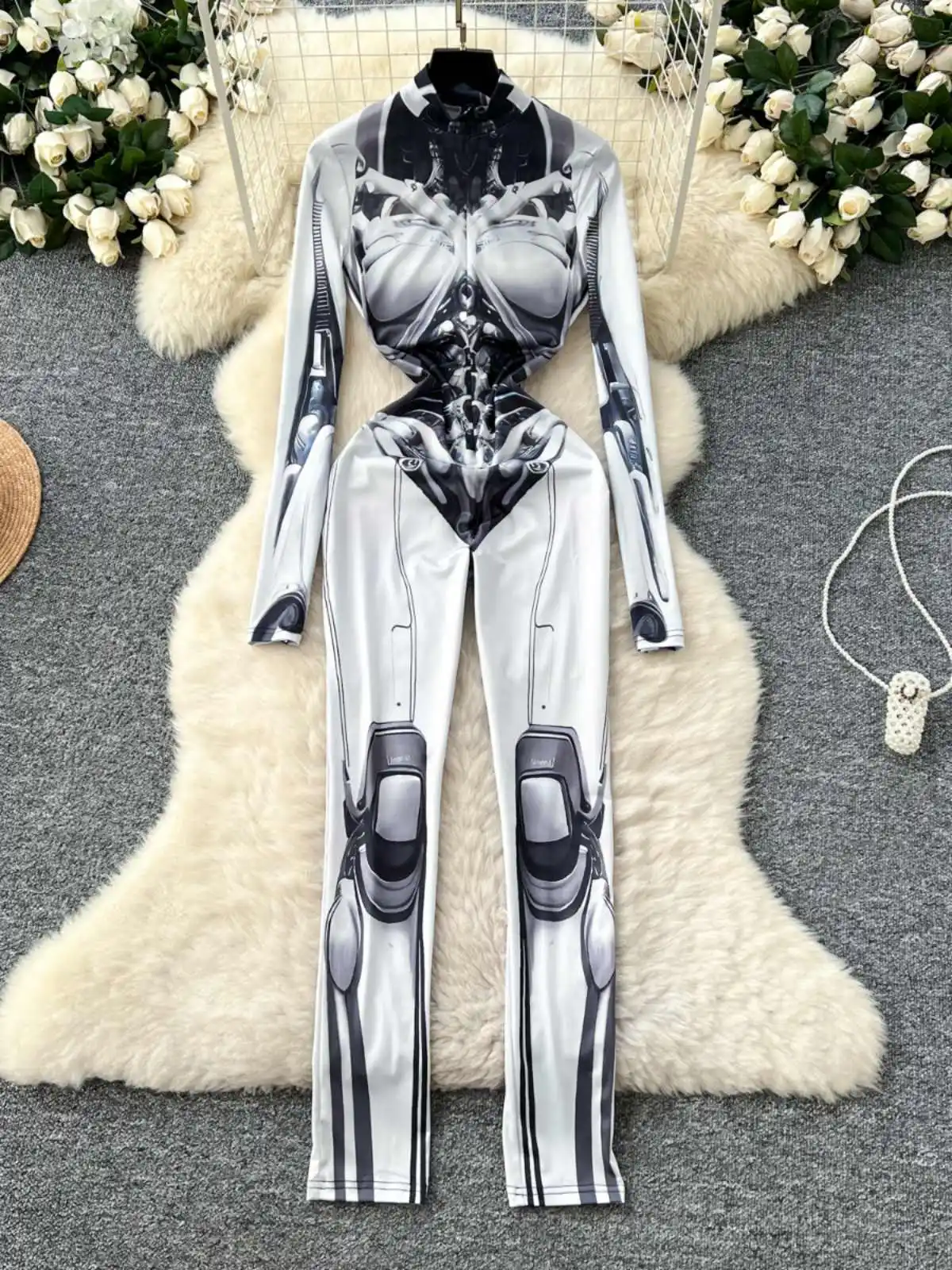 Women's Grey Print Jumpsuits Vintage Long Sleeve Skinny Playsuits Pants Harajuku Sexy Rompers 2000s Emo Coquette Fashion Clothes