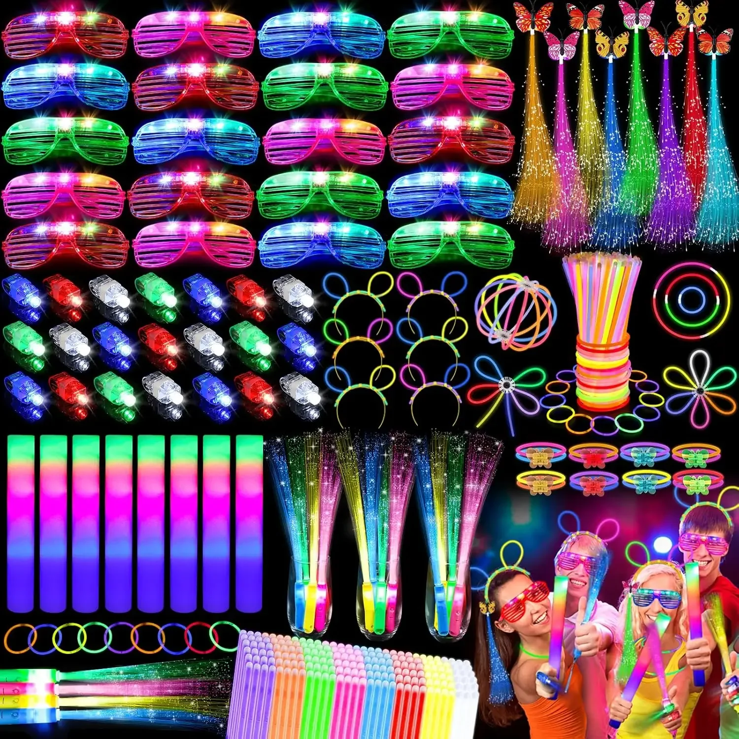 

298-Pack LED Party Supplies, 12 Fiber Wands, 20 LED Glasses, 8 Foam Sticks, 200 Glow Bracelets for Wedding, Birthday