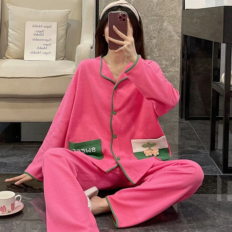 Rose Red Long Sleeve Pajamas Female Spring and Autumn Pure Cotton Flower Waffle Sweet Casual Loungewear New Style Comfort Soft