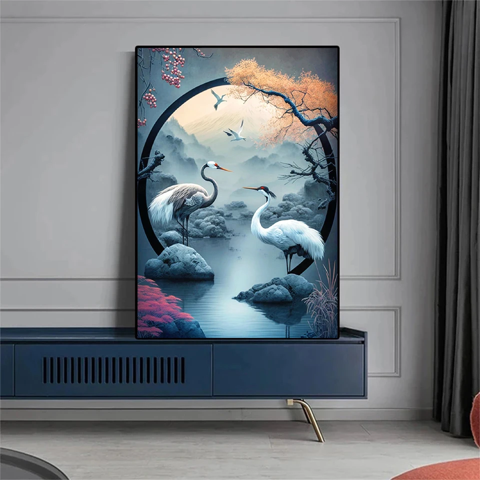 AB Northern Lights White Crane Full Moon Style Picture Size Diamond Painting Landscape 5D DIY Set Crafts Gift Home Decor