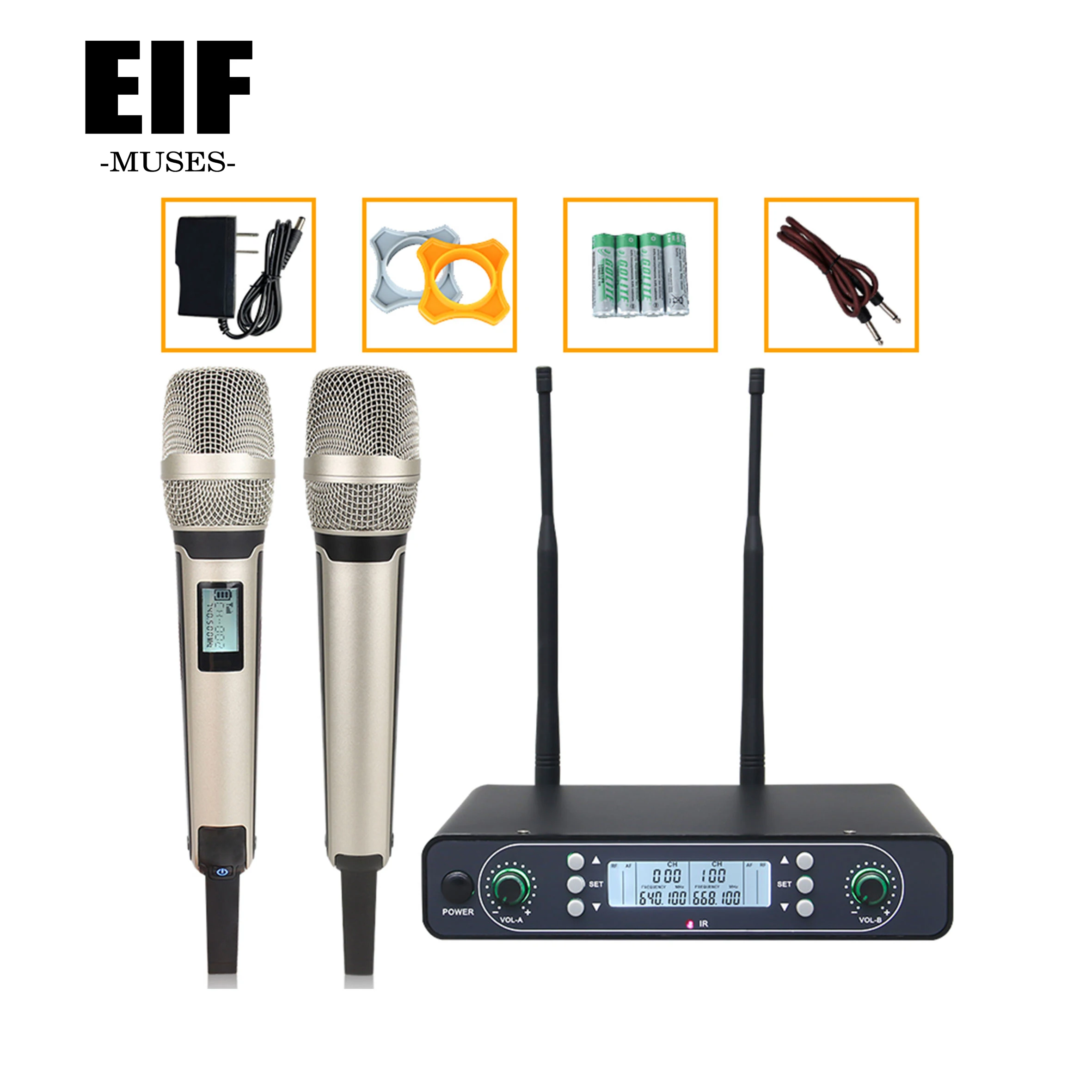 EIF-012 Factory Wholesale Dual Channel Cordless Microphone UHF Singing Wireless Microphone For Karaoke