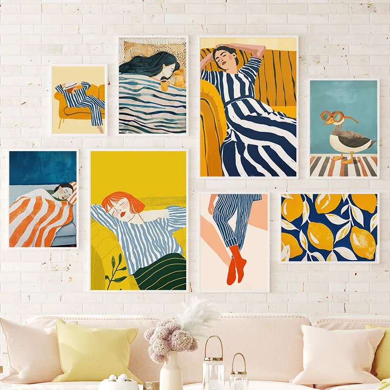 1pc frameless Canvas Painting Line Striped Girl Coffee Lemon Duck Wall Art Canvas Painting Abstract Posters Prints Hotel Bar for