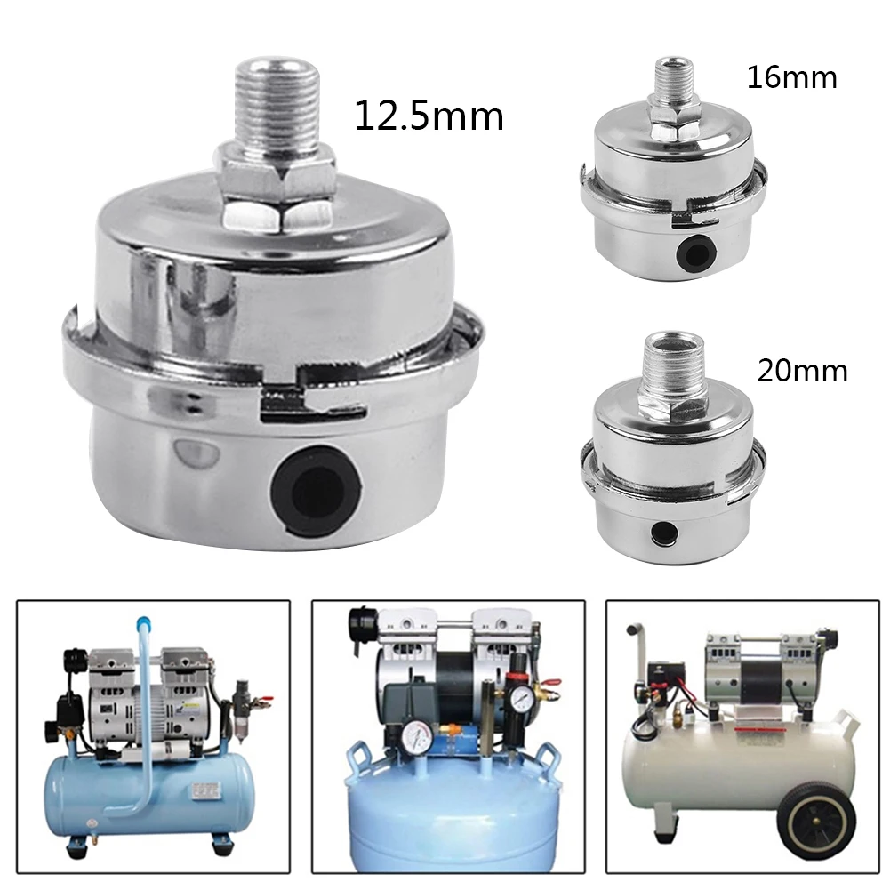 12.5/16/20mm Metal Air Filter Muffler for Oil-Free Air Compressor Pump Reduce Noise and Block Dust Easy to Install Silver