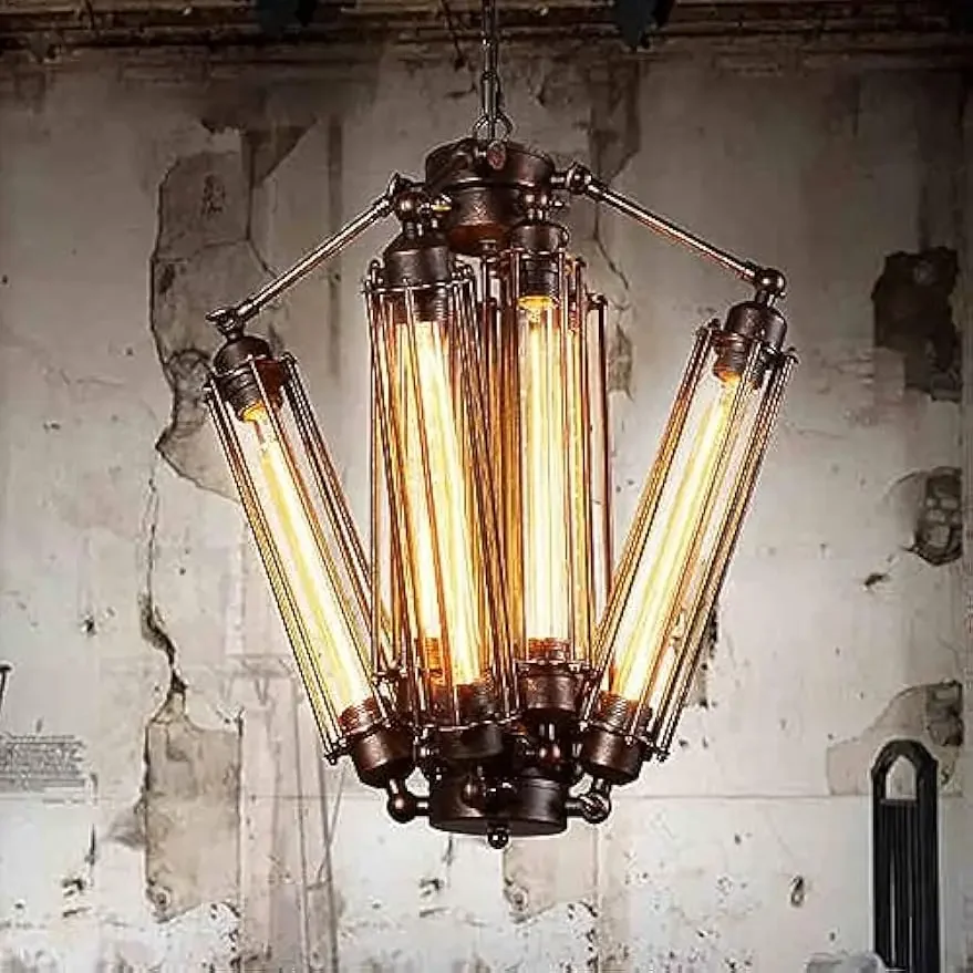 8-Light Retro Chandelier, Industrial Metal Pendant Lamp, Steampunk Hanging Lamp, Geometric Ceiling Lamp
