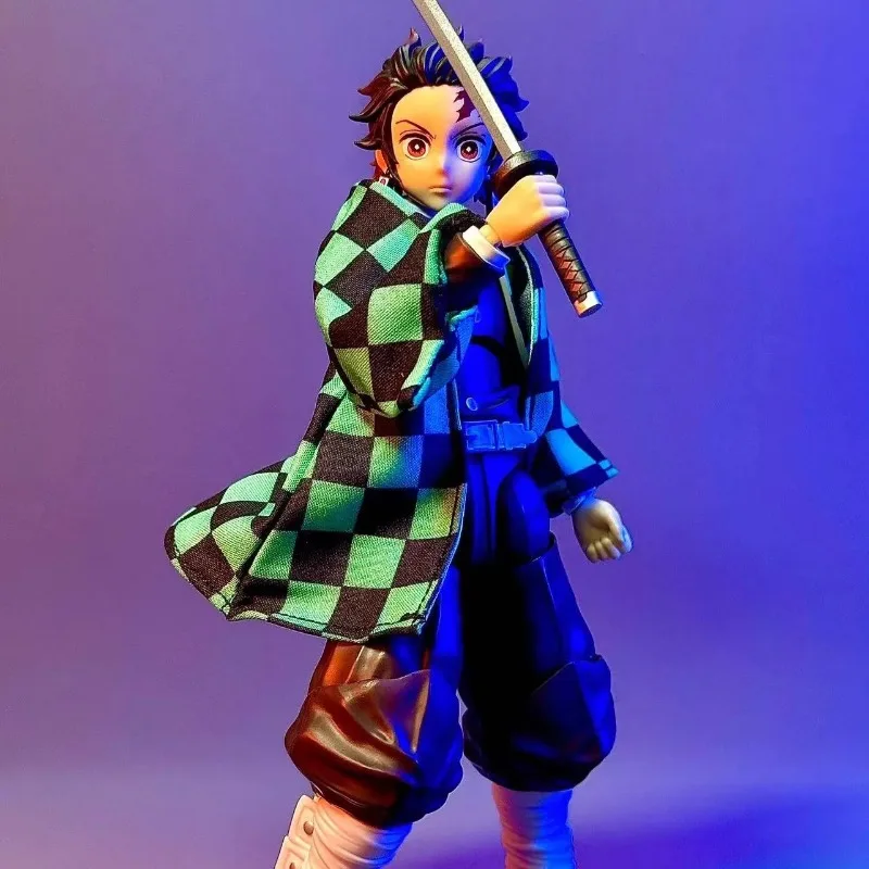 Kamado Tanjirou Jongen Zwart Blauw Geruite Doek Jas 1/12 Draad Vormige Korte Anime Action Figure Kleding Accessoire voor Shf 6 ''Body