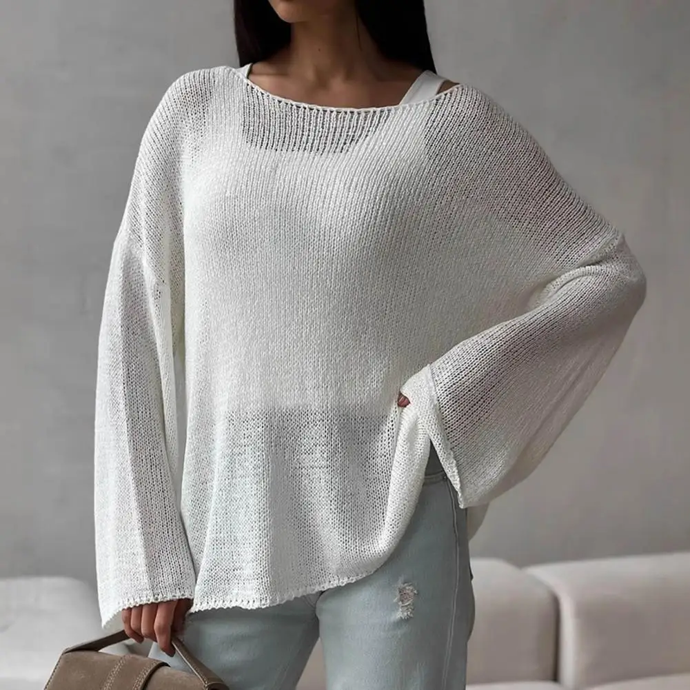 Вязаный пуловер с круглым вырезом, женский летний повседневный однотонный топ с длинными рукавами, топ 2025 г., свободный уличный офисный женский свитер, топ
