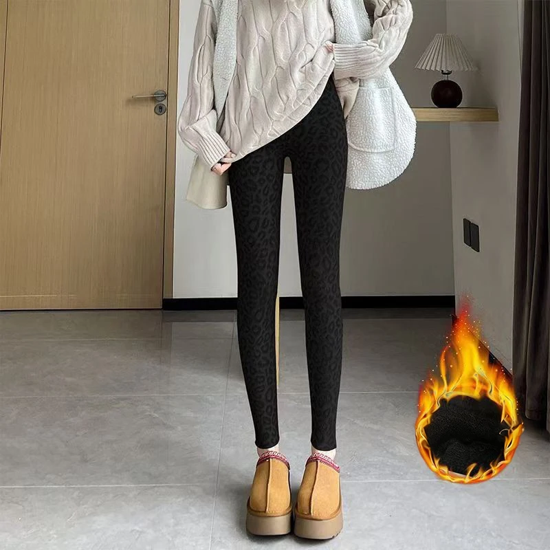 الشتاء سميكة ليوبارد طباعة المنك الصوف طماق للنساء حفظ الدفء عالية الخصر مطاطا التخسيس السراويل الساق الصغيرة جديد