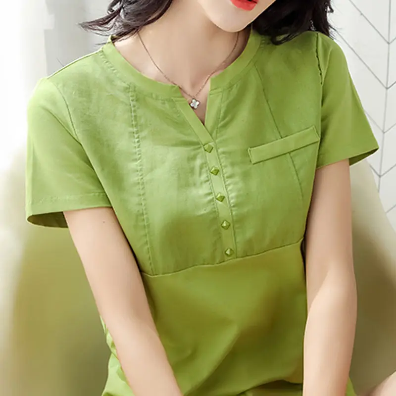 

Однотонная женская футболка с v-образным вырезом и короткими рукавами с вышивкой, облегающая хлопковая футболка, облегающая талию.