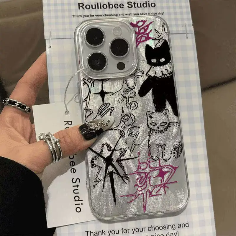 Lovely Cool Cat Y2K Phone Case for Samsung Galaxy S25 S24 S23 S22 S21 FE Ultra Plus 4G 5G Feather Texture Back Cover - náhled 2