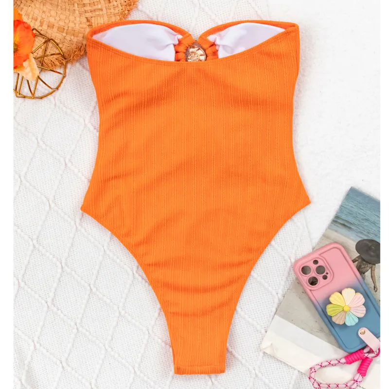 Hollow Out Bikini Swimsuit Women Sexy Orange Strapless Sleeveless Vacation Beach Party Mini Dresses A-line 1 Piece Swimsuit New