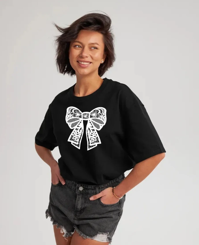 تي شيرت كاجوال فضفاض مطبوع من Faionable برقبة دائرية مع عقدة نسائية من القطن ort Sve ممتص للعرق