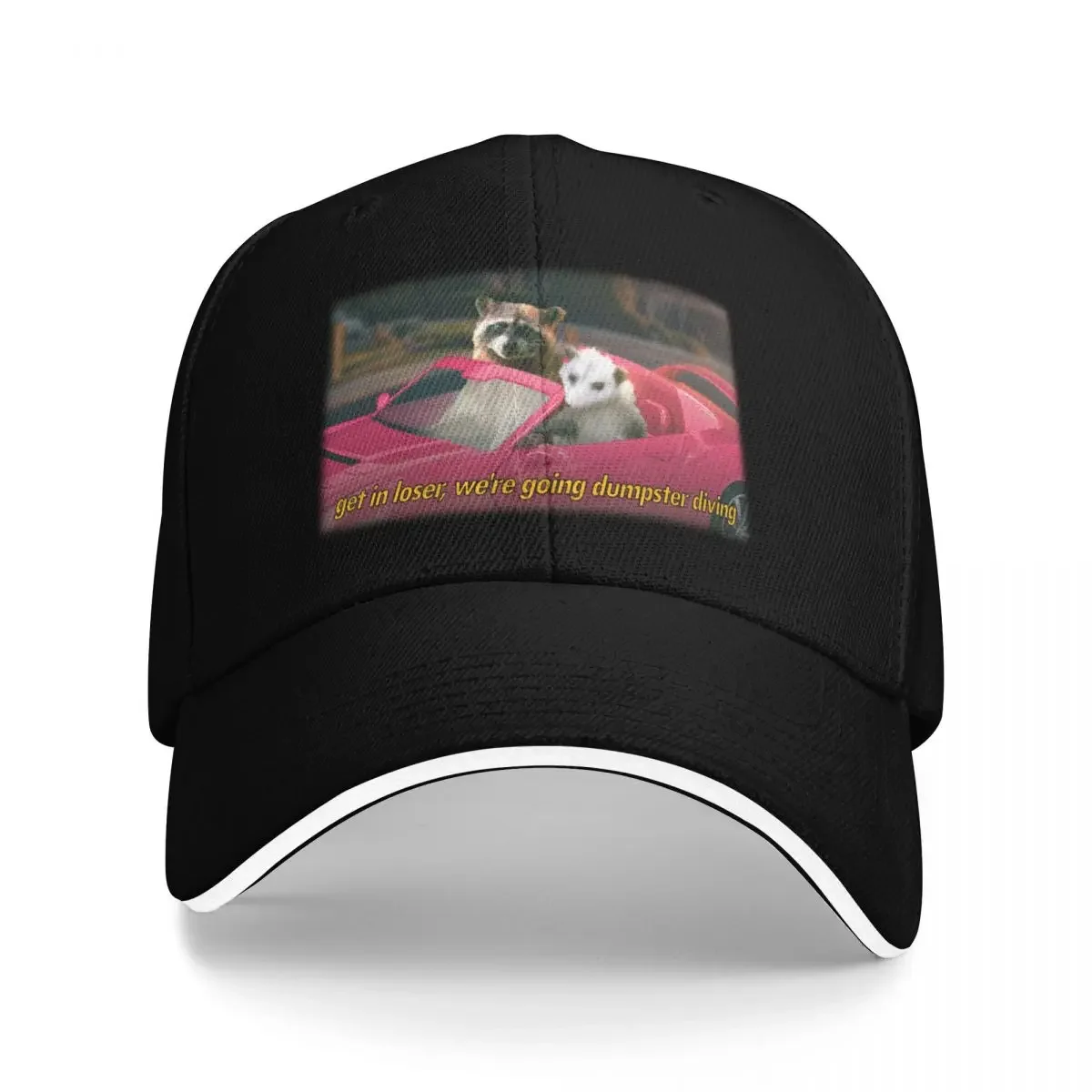 Get In Loser, We're Going Dumpster Diving Raccoon Possum Word Art - Film Quote Version Baseball Cap