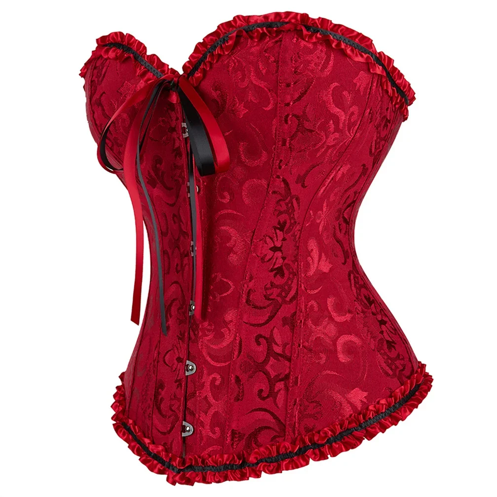 

Women Corsets Top Floral Bustiers Lace Up Boned Corset Vintage Corselet Sexy Gothic Bustier Satin Korsett Rave Costume Plus Size