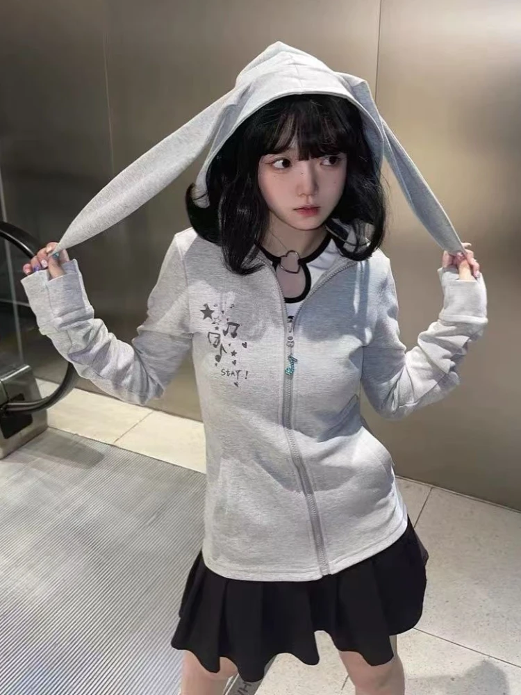 

Y2k Hot Girl Slim Grey Hooded Coat Women's Autumn Vintage Chic Long Sleeve Zipper Hoodie High Street Sweet Retro Skinny Outfits