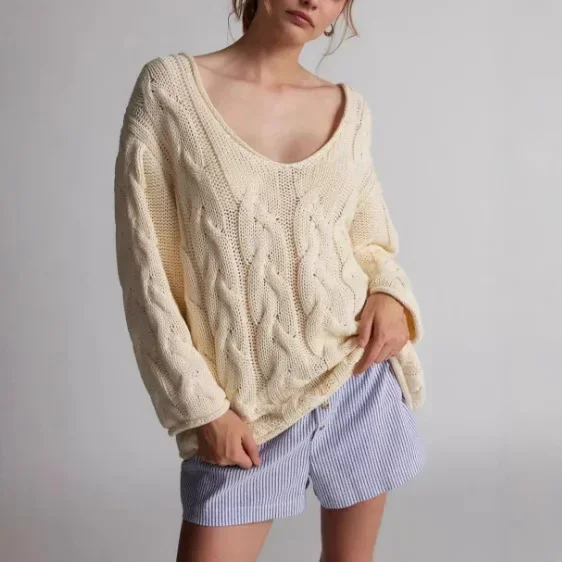 2024 Autumn New Loose Lazy Style V-Neck Fried Dough Twists Knitted Pullover Sweater Women's Top