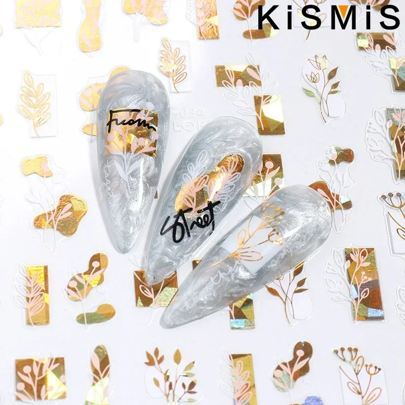 KISMIS 3D Laser Blumen Blatt Abstraktes Gesicht Design Glänzende Dekoration Mehrfarbige Blumenmuster Aufkleber DIY Aufkleber für Nagel