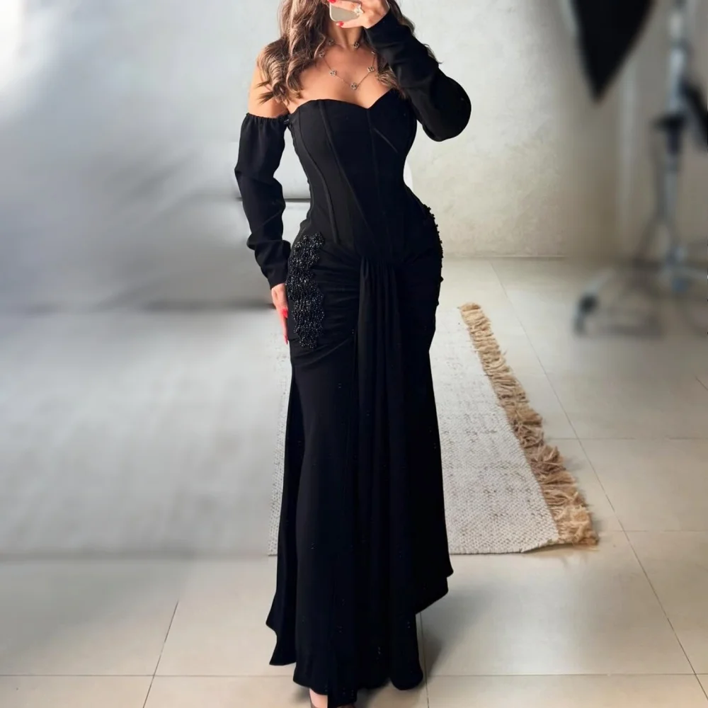 

Customized Elegant Modest Evening Gown Off-the-shoulder Glitter Applique Trumpet Long Dresses Black Party Dresses