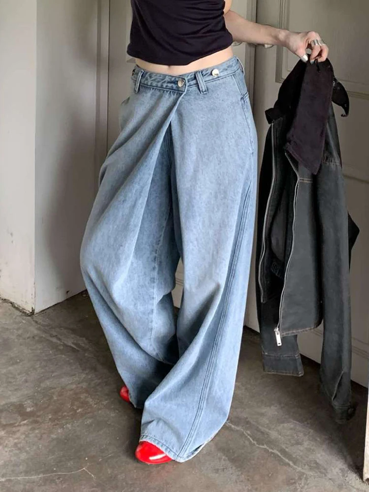 [EAM] High Waist Blue Irregular Spliced Long Casual Wide Leg Jeans New Women Trousers Fashion Tide Spring Autumn 2025 1DH8398