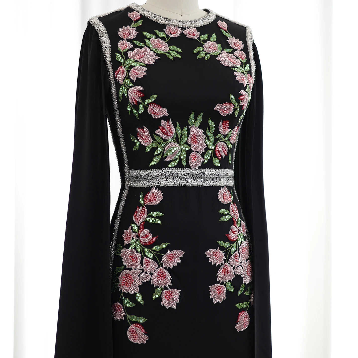 Sharon Said-Robe de soirée noire brodée de perles pour femmes, robes de luxe avec manches cape, fête de mariage de Dubaï, tout ce qui est personnalisé, SS487