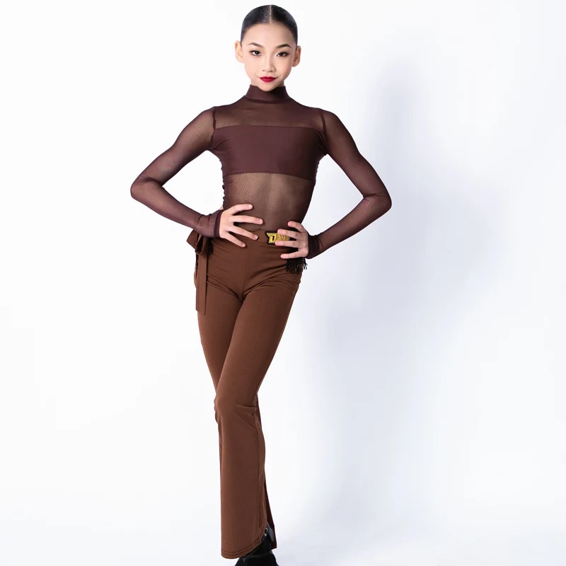 

Latin Dance Costume For Kids Dancing Performance Clothes Girls Samba Training Clothes Coffee Mesh Bodysuit Dancer Pants XH2564