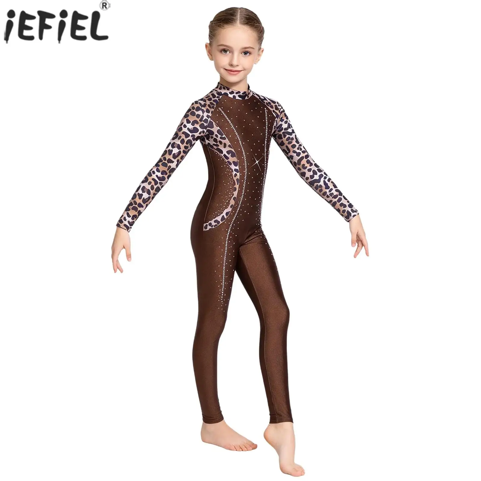 Kids Girls Gymnastics Leotards Long Sleeve Shiny Rhinestone Printed Ballet Dance Unitard Figure Skating Acrobatics Yoga Costume