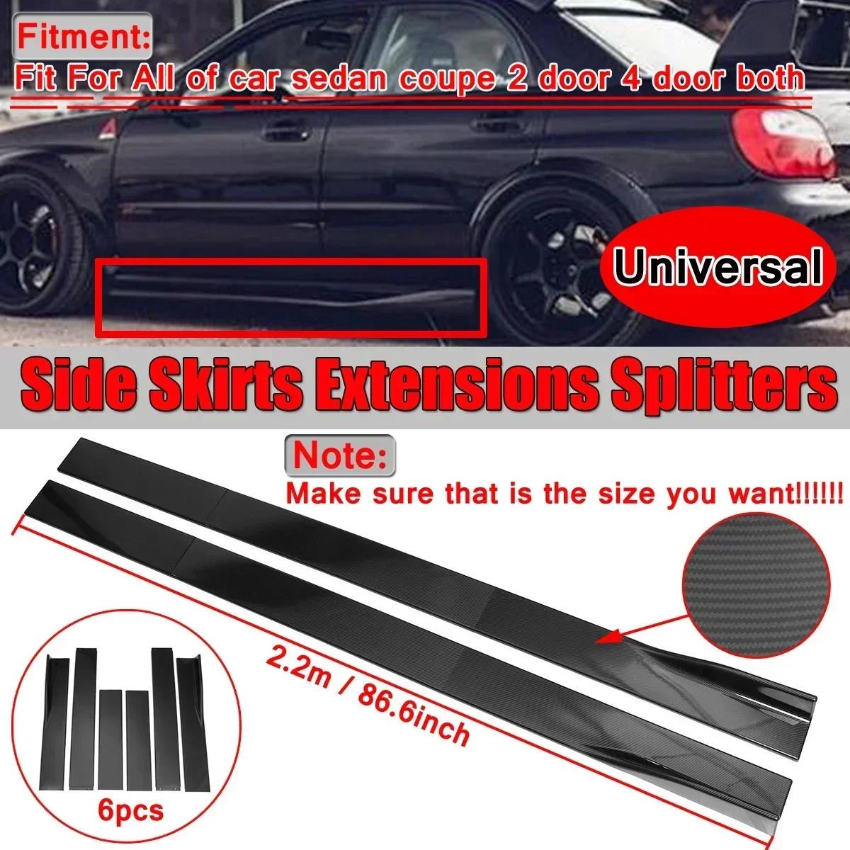 6PCS 2m/2.2m Universal Side Skirt Extensions Car Side Skirts Splitters Lip For BMW For Benz For Honda For Audi For VW Body Kit