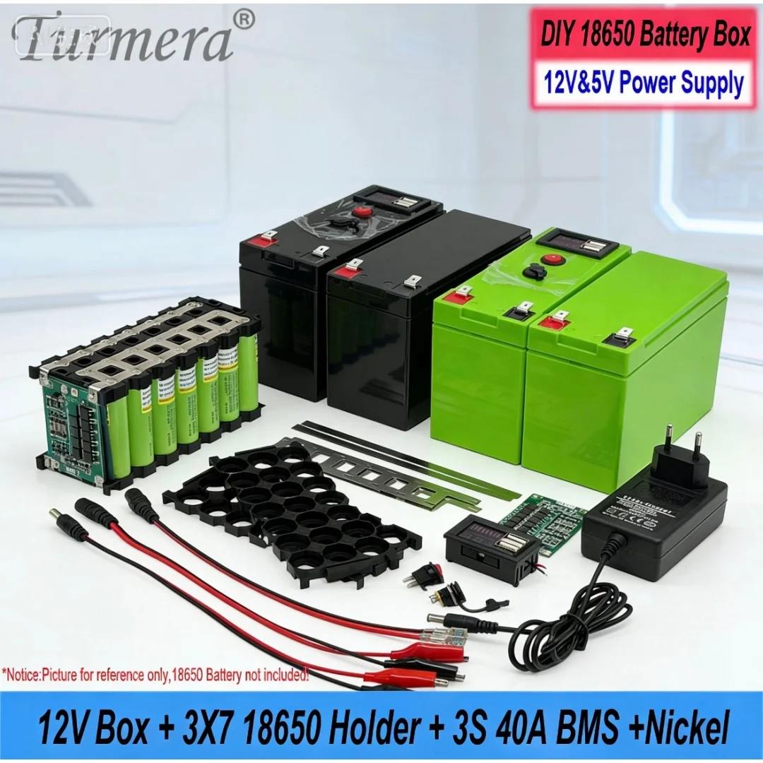 Turmera DIY 12V 18650 Battery Box Kit 3S 40A BMS 3x7 Holder with Voltage Display Dual USB 5V Power Bank for Solar E-bike Energy