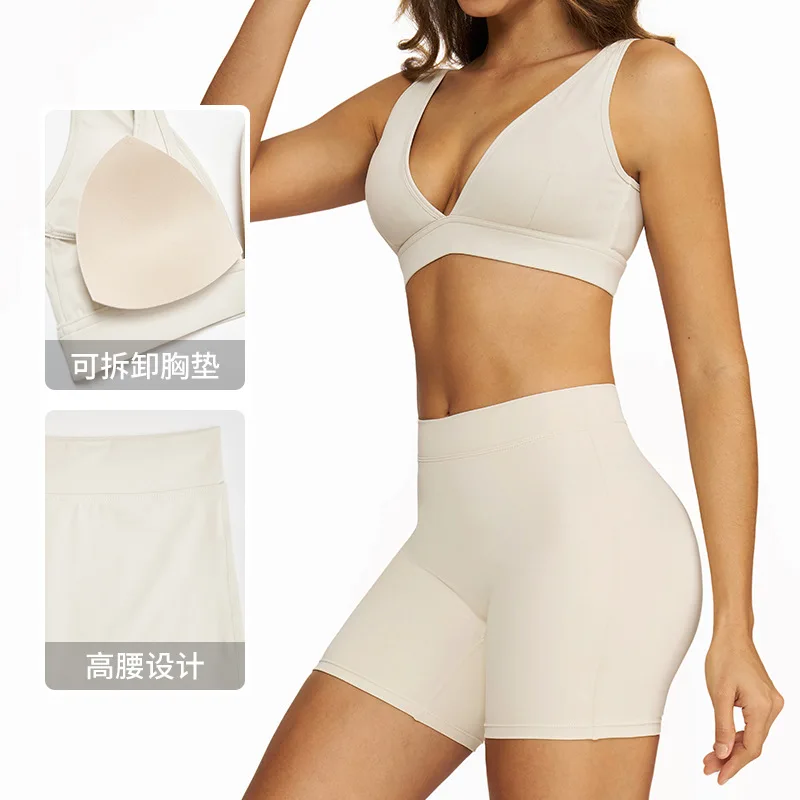 

Jin Mo brushed yoga set, casual and versatile tight sports set, outdoor sports running and fitness set, black, shorts and bra