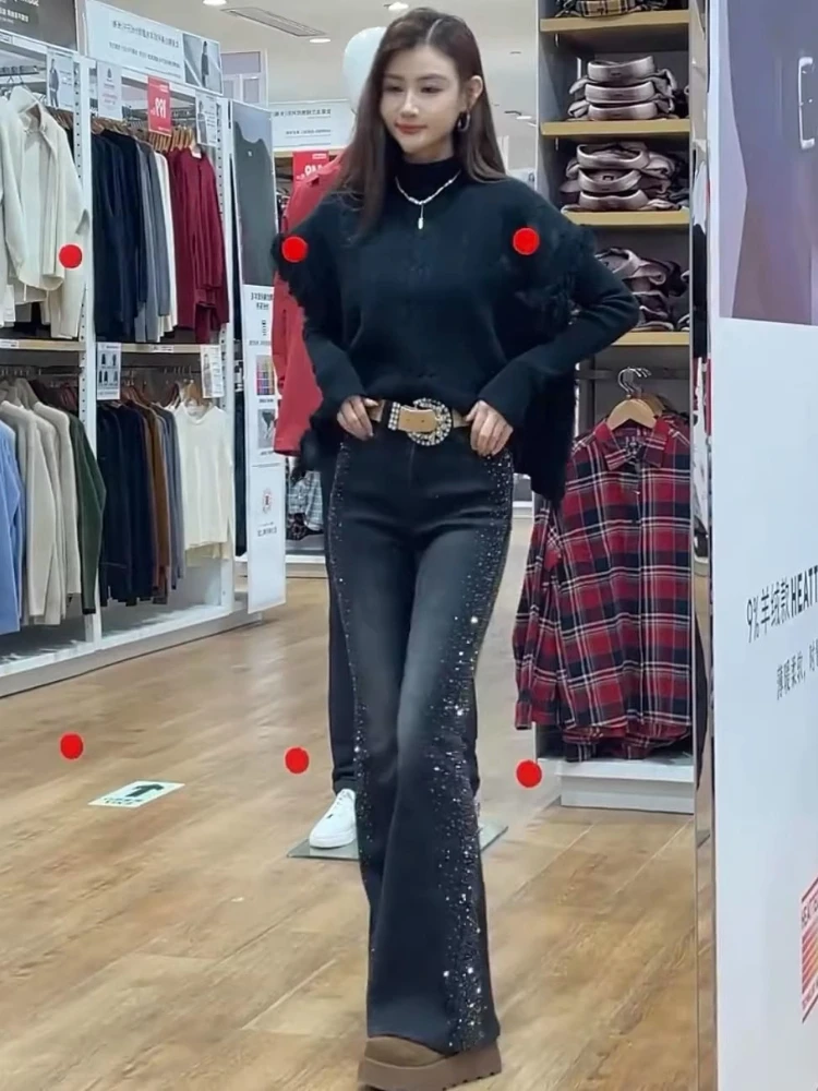 Sexy Y2k Jeans 2026 New Spice Girls Flash Rhinestone Denim Flared Pants Women's Spring Pure Desire Ins Tight Horseshoe Trousers