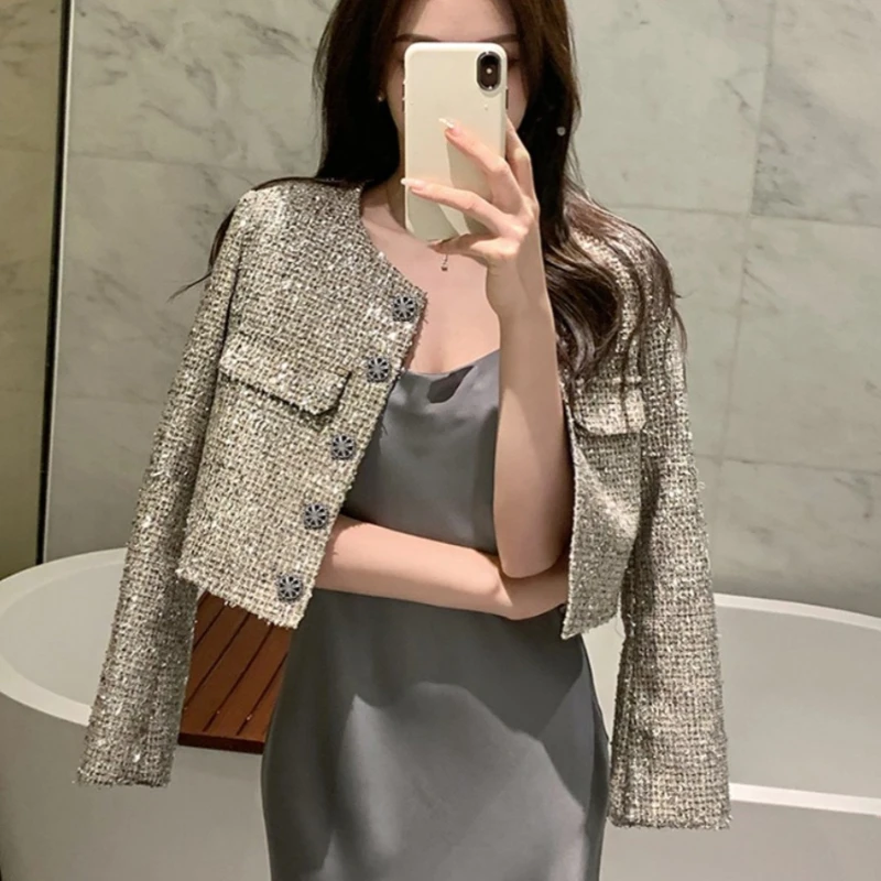 2024 Primavera Autunno Donna Paillettes Bling Bling Argento Giacca di lusso Cappotto, Abbigliamento donna Office Lady Moda Elegante Glitter Cappotti