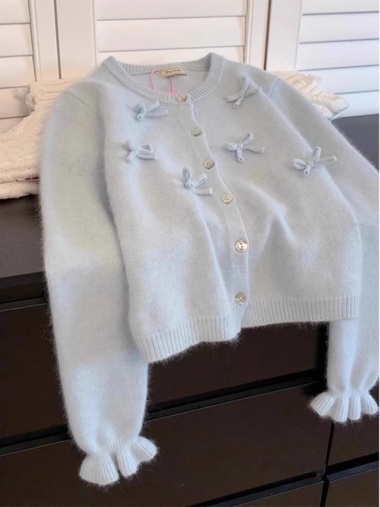 

Blue Bow Sweater Coats Women Spring Autumn O-neck Long Sleeve Cardigans Tops Casual Female Single Breasted Knitshirts