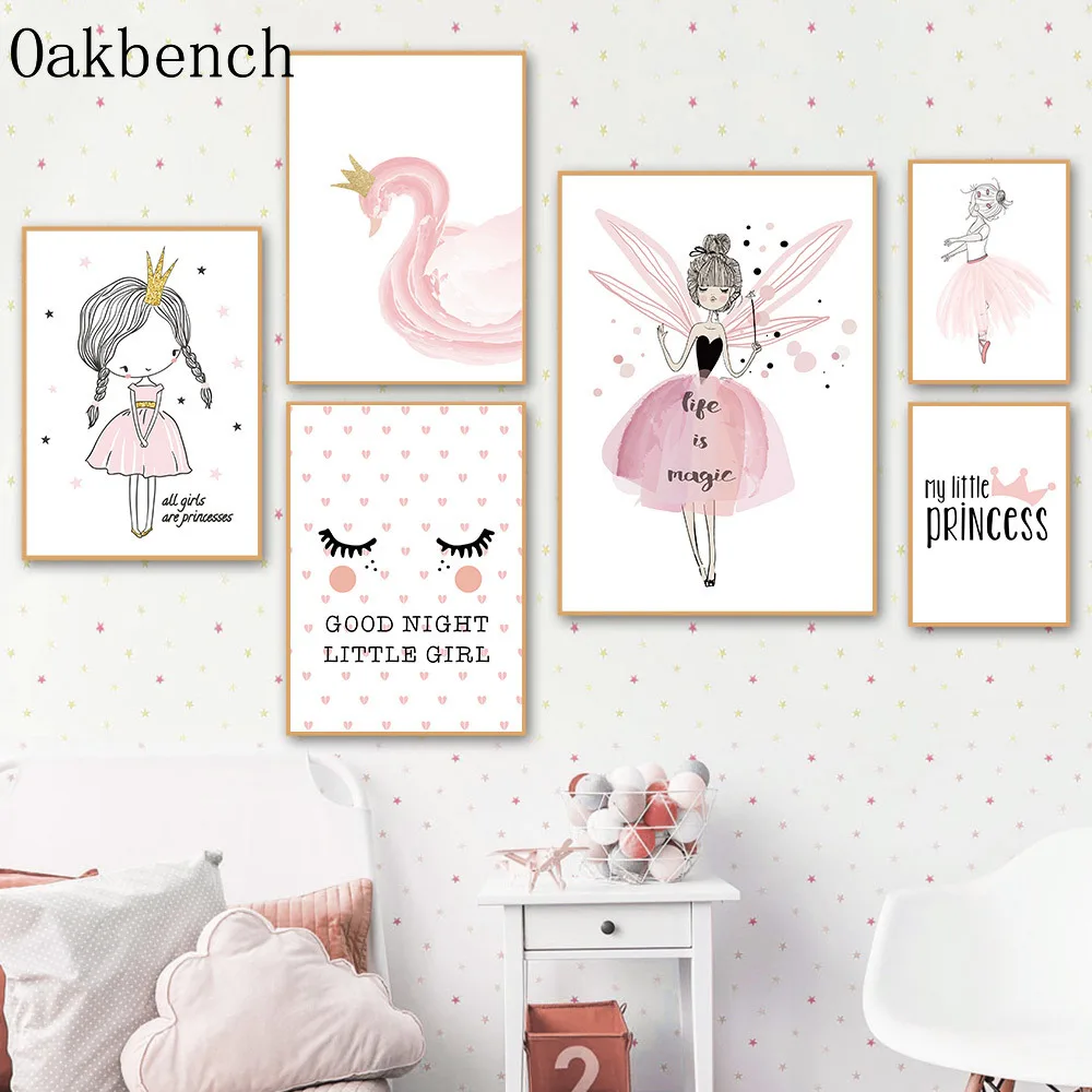 Ballet Girl Art Print Nursery Wall Posters Fairy Poster Swan Rabbit Canvas Painting Nordic Wall Pictures For Baby Room Decor