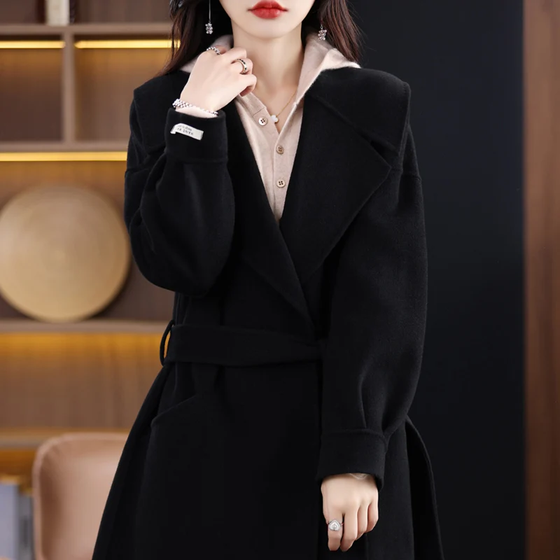 Women's High-end Cashmere Coat, Mid-length, Lace-up, Loose, Over the Knee, Pure Wool, Light, Luxury, New, 2024