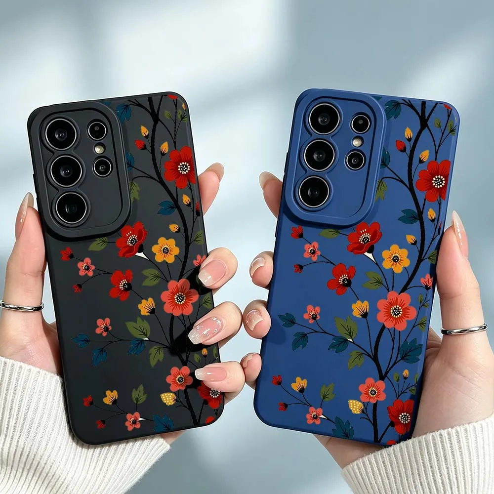 Cartoon Floral Branch Pattern Cover For Samsung Galaxy S26 S25 S24 S23 S22 S21 A55 A54 A35 A15 Ultra FE Plus Phone Case