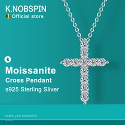 KNOBSPIN-collar con colgante de cruz de moissanita para mujer, cadena Original de Plata de Ley 925 chapada en oro blanco de 18k, collar fino