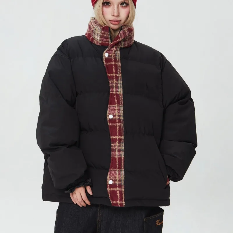 

Plaid Patchwork Stand-Up Collar Cotton Jacket Women Winter Warm Vintage New Loose Thicken Puffer Coat Down-Filled Cotton Jacket