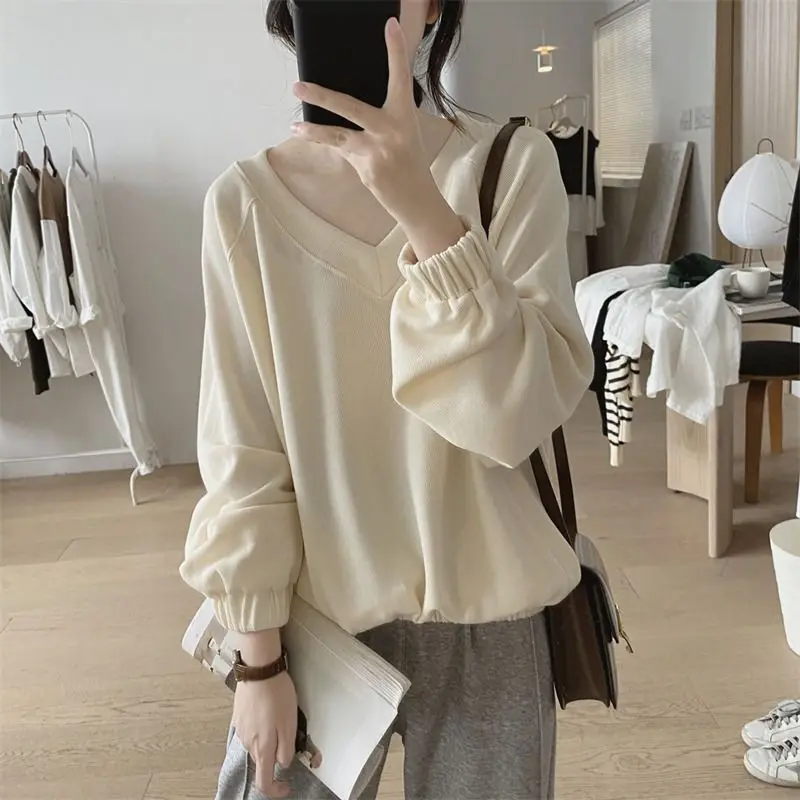 High Quality V-Neck Solid Color Loose Folds Blouse Female Clothing Autumn New Oversized Casual Pullovers All-Match Commute