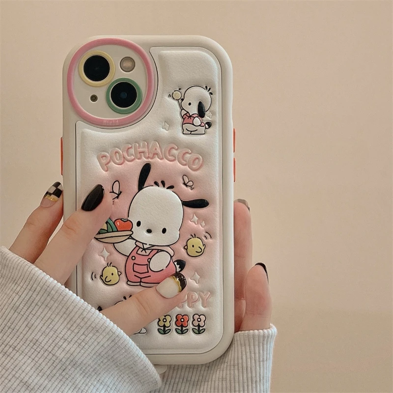 3D Cute Cartoon Sanrio Sweet Cool Pochacco Embossed Leather Phone Case For iPhone 15 14 13 12 11 Pro Max Shockproof Soft Cover