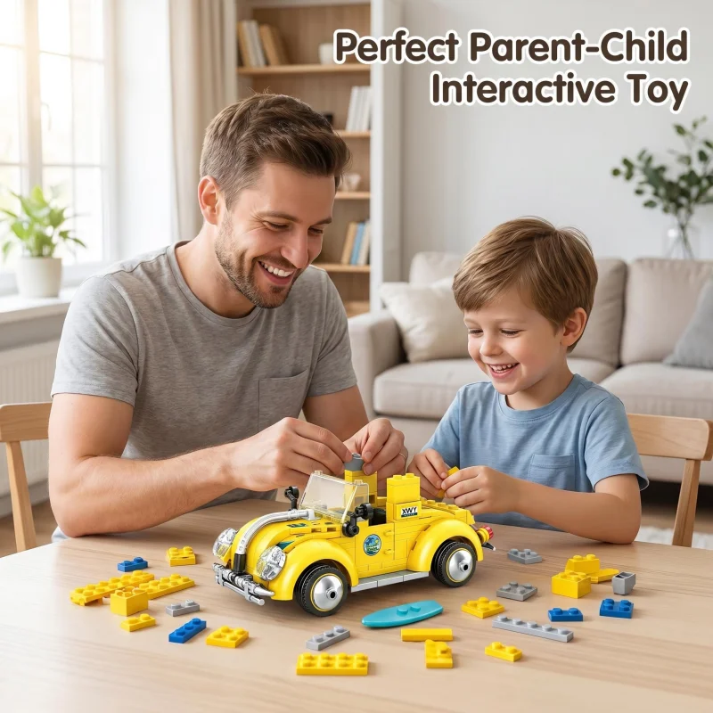 Retro Car Building Block Set, Seaside Travel-Themed Assembly Model with Surfboard, Suitable for Boys, Girls, and Adults for DIY