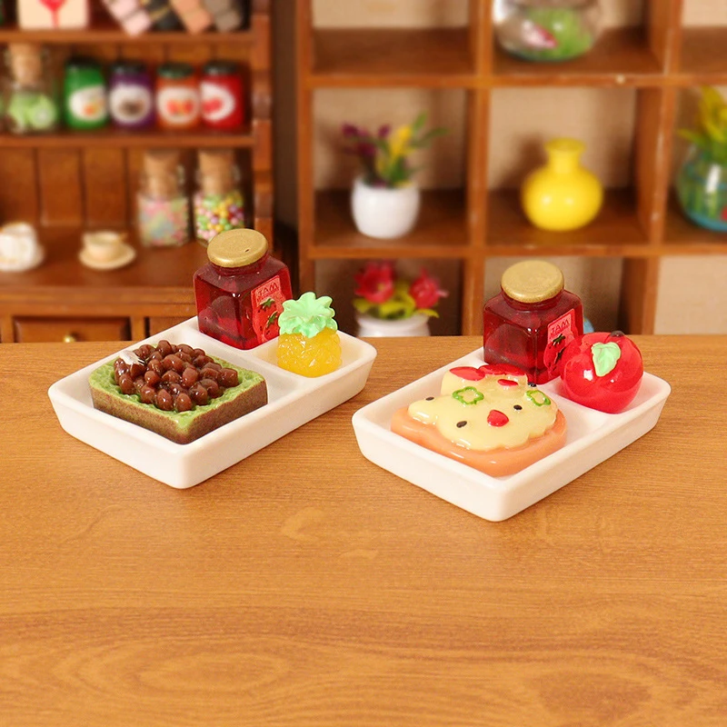 Juego de platos de fruta y pan en miniatura para casa de muñecas, Mini bandeja de comida, vajilla, plátano, manzana, piña, juguetes de Decoración de cocina, 4 piezas