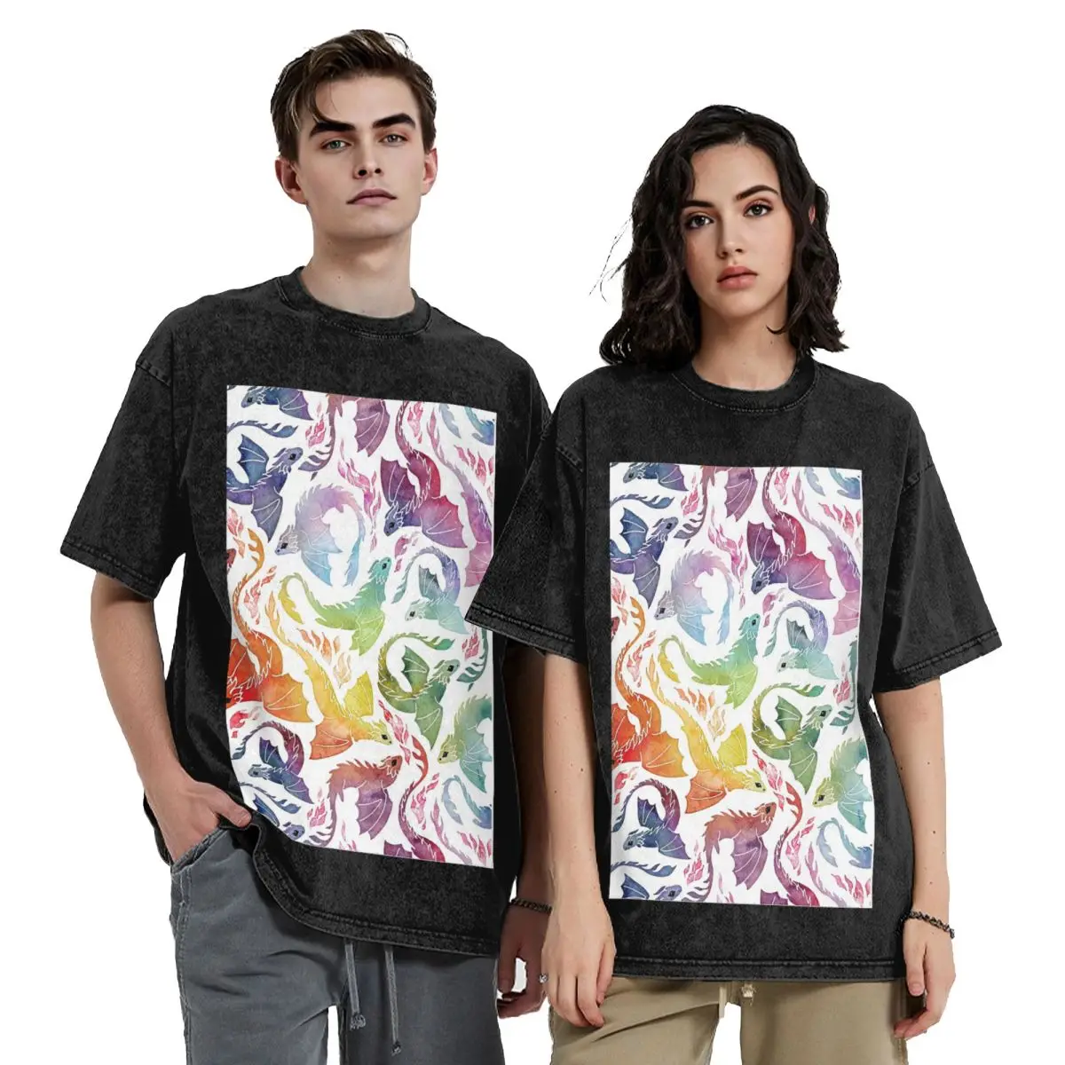 

Футболки с короткими рукавами в стиле хип-хоп Dragon Fire Rainbow, потертые топы, футболки, уличная футболка большого размера для мужчин и женщин