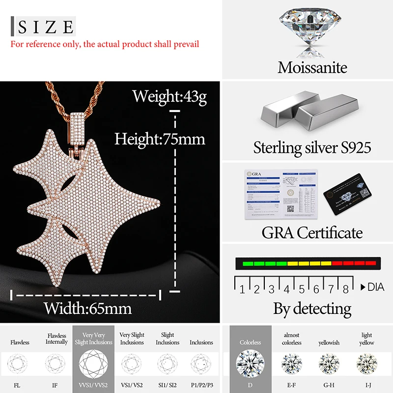 TUHE Unisex S925 Star Pendant Necklace Iced Out Moissanite Gold Silver Color Charm For Men Hip Hop Jewelry
