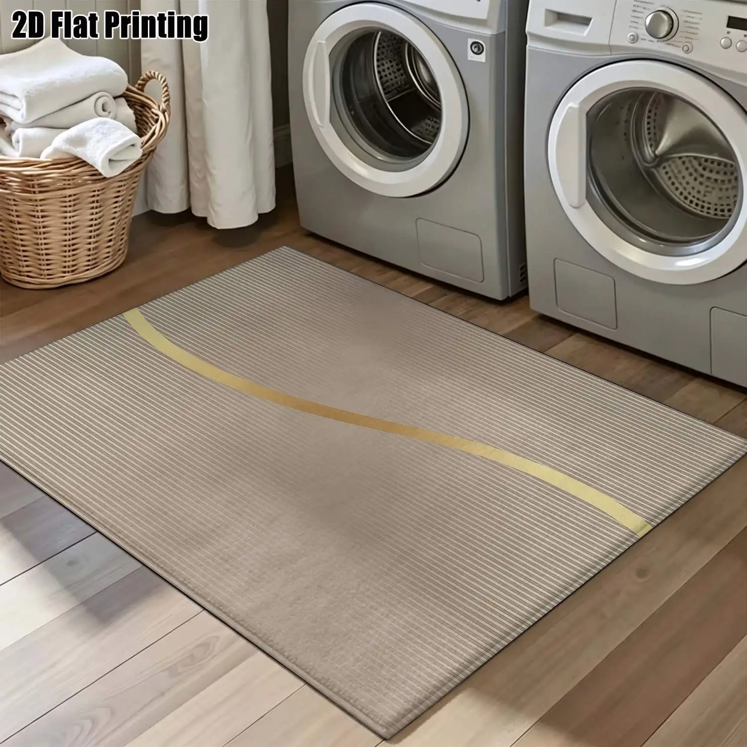 1Pc 2D Printed Carpet: Light Brown & Gold Curved Pattern, Nordic Modern Minimalist Geometric Striped Instagram Floor Mat, Home Decor, Multi-Size, Machine Washable, for Entrance, Dining Room, Foyer, Bedroom, Living Room