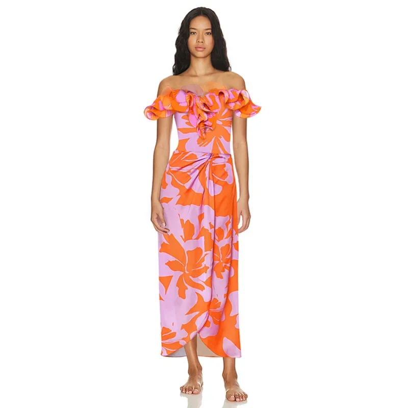 2025 2Pc High Quality One Piece Swimsuit Floral Ruffle Print Bathing Suit Push Up Swimwear Floral Shoulder Summer Beachwear
