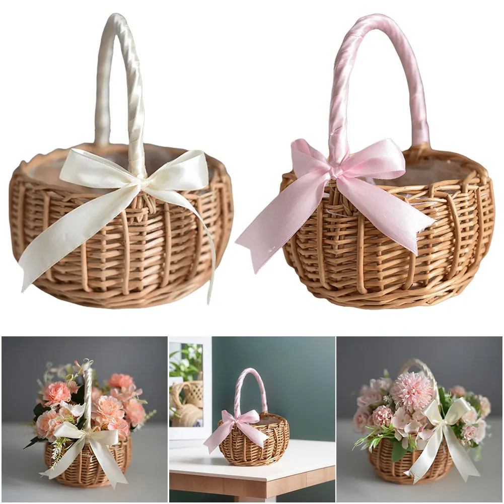 Wicker Rattan Flower Basket With Handle Candy Storage Basket Woven Flower Basket For Wedding Party Decor